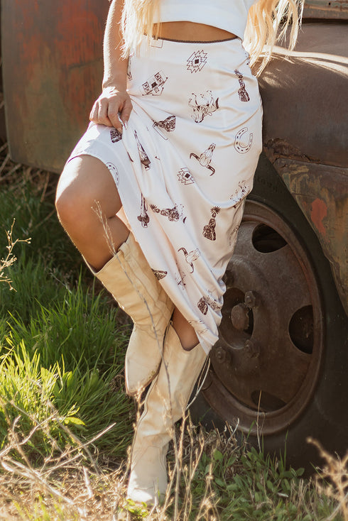 Western Desert Satin Long Skirt with Western Print